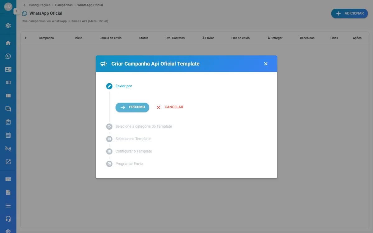 Assistente Criar campanha API Oficial, com as etapas