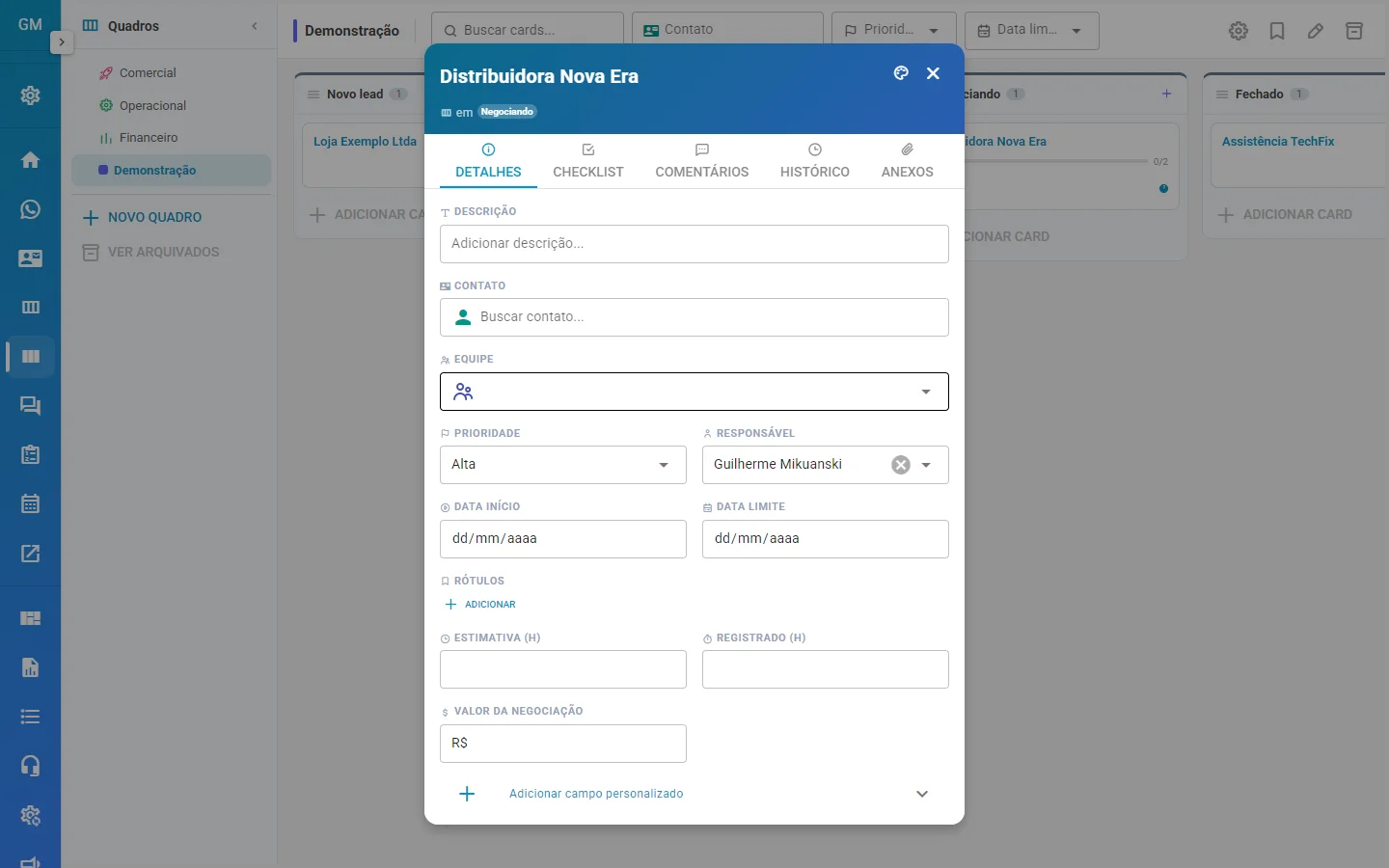 Aba Detalhes de um card do Kanban Pro