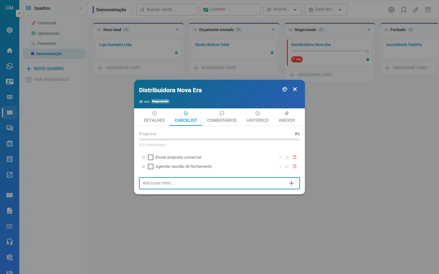 Aba Checklist de um card do Kanban Pro