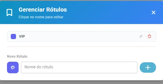 Janela Gerenciar Rótulos, com um rótulo VIP criado