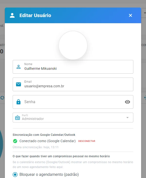 Janela Editar Usuário, com nome, e-mail, senha e sincronização de agenda