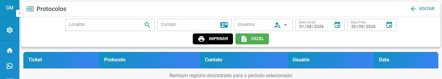 Filtros do Relatório dos Protocolos
