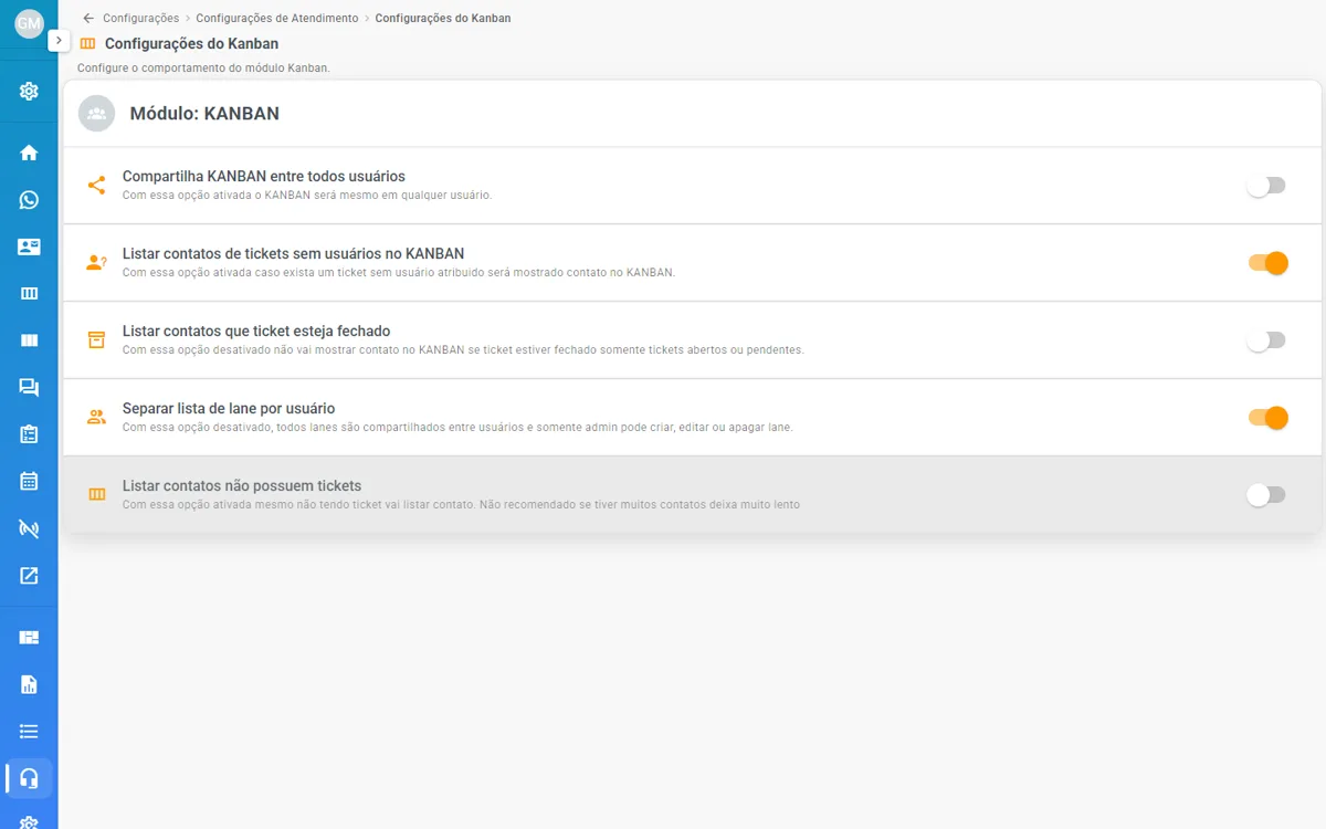Configurações do Kanban