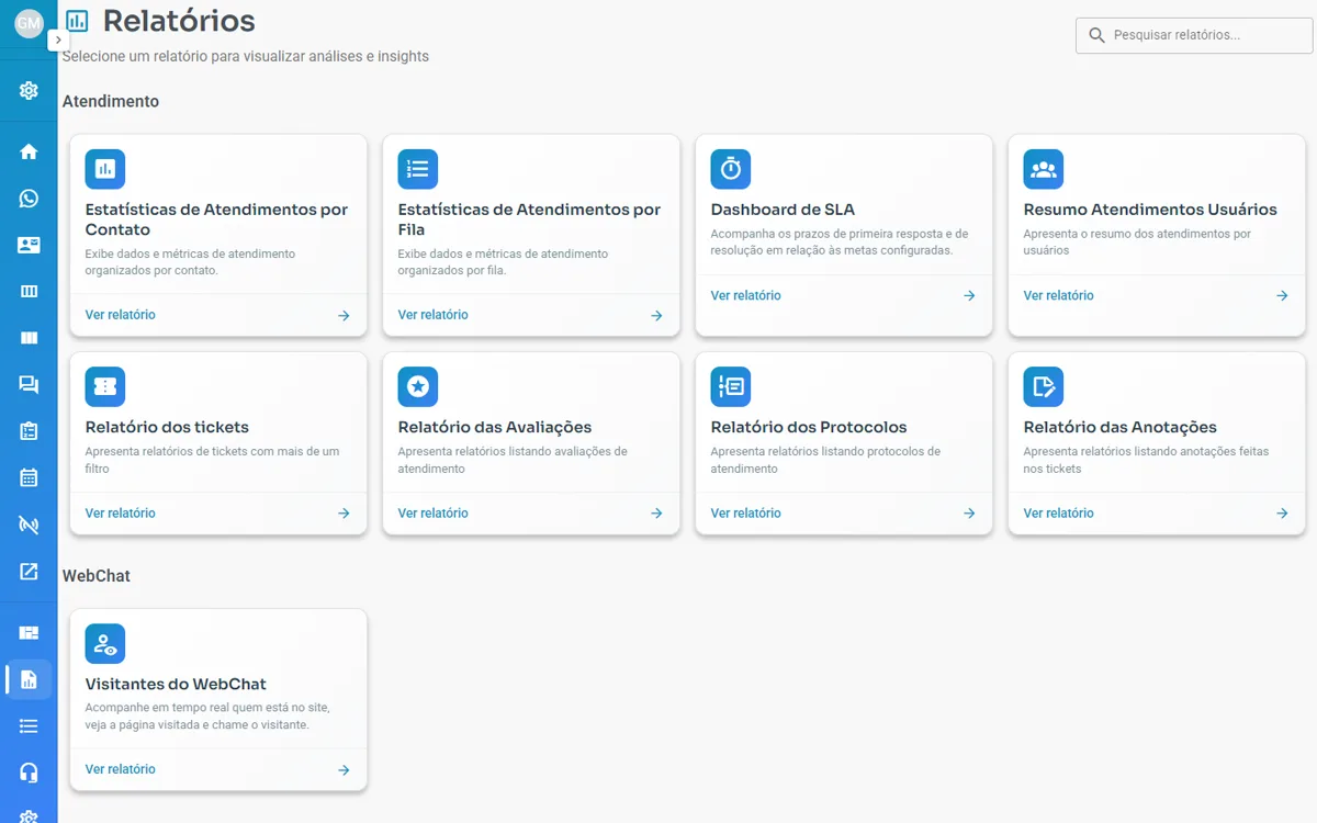 Central de relatórios, com os relatórios de atendimento, WebChat e contatos