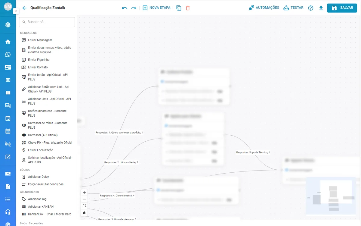 Editor visual de chatbot, com a paleta de blocos à esquerda e o fluxo ao centro