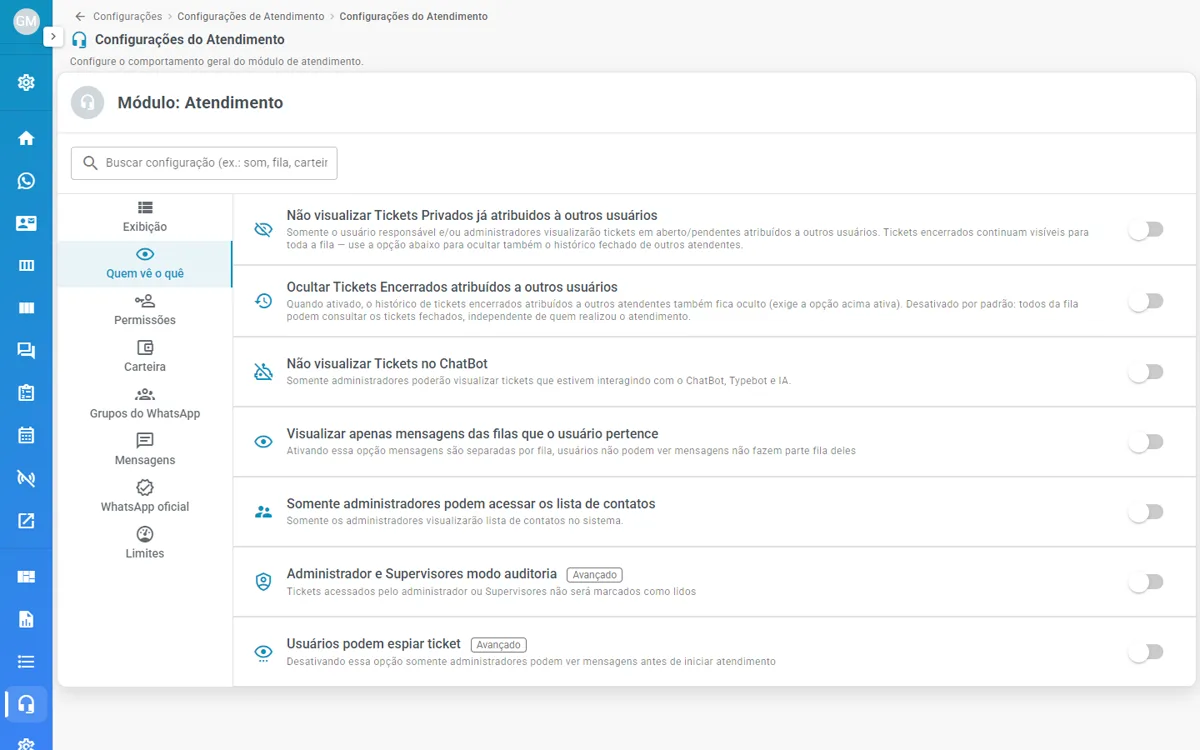 Aba Quem vê o quê, com as opções de visualização de tickets