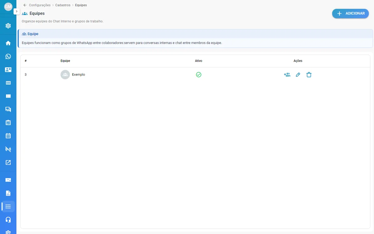 Tela Equipes, com a lista de equipes e as ações de adicionar usuários, editar e excluir